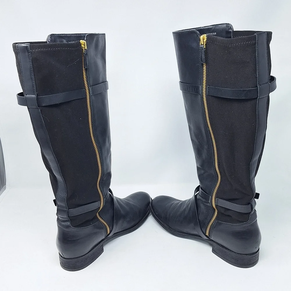Cole Haan Dorian Stretch Black Riding Boot Leather Boots Gold Hardware
